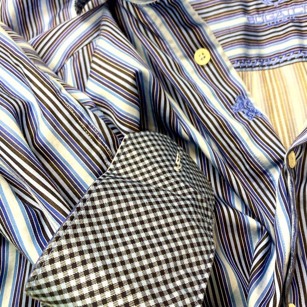 Bugatchi Uomo Shirt M Blue stripe flip cuff - Picture 6 of 8
